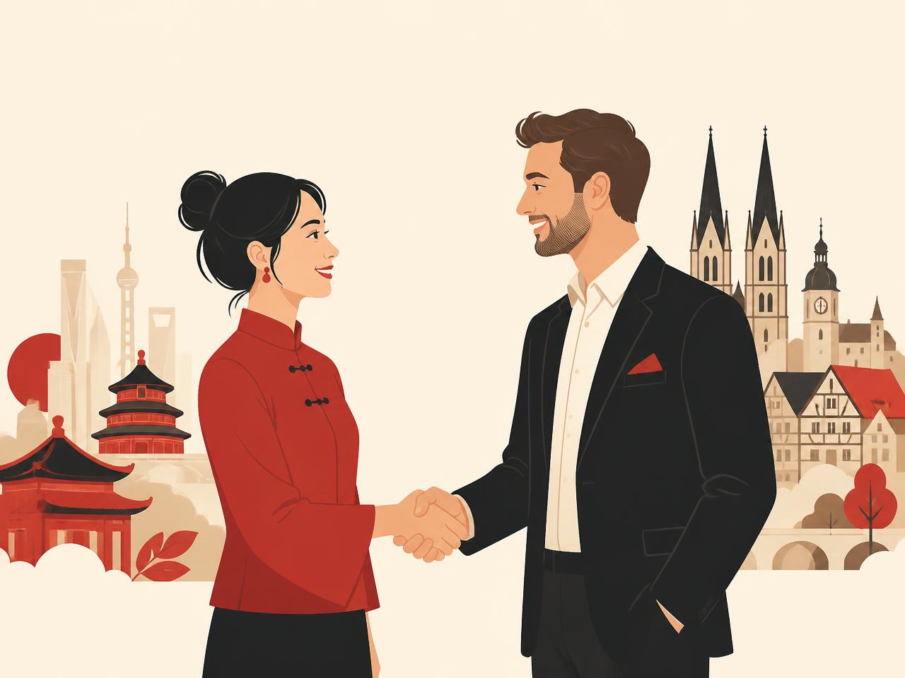 A Chinese woman and a German man greeting each other with a handshake